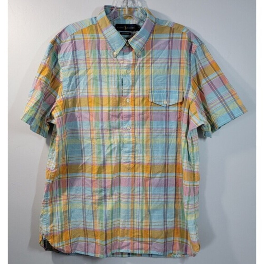 Ralph Lauren Short Sleeve Button-Up Shirt Men's L Aqua/Orange Plaid